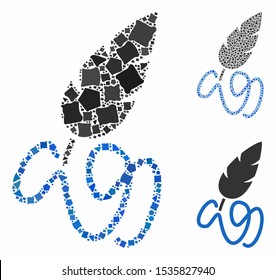 Writing feather composition of ragged parts in different sizes and color tinges, based on writing feather icon. Vector humpy parts are organized into mosaic.
