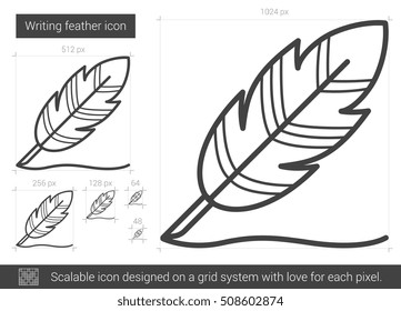 Writing feather vector line icon isolated on white background. Writing feather line icon for infographic, website or app. Scalable icon designed on a grid system.
