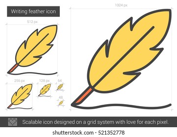 Writing feather vector line icon isolated on white background. Writing feather line icon for infographic, website or app. Scalable icon designed on a grid system.
