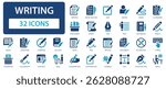 Writing flat icons collection. Text, edit, note, pen, nib, draw, document, pencil, author, calligraphy, document, notebook, stationery sign set.