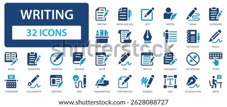 Writing flat icons collection. Text, edit, note, pen, nib, draw, document, pencil, author, calligraphy, document, notebook, stationery sign set.