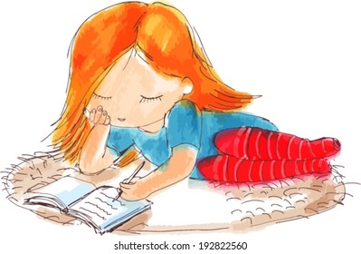 Writing girl with red hair.  Vector illustration.