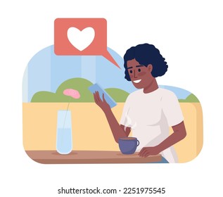 Writing good online feedback about cafe experience 2D vector isolated illustration. Lady drinking coffee flat character on cartoon background. Colorful editable scene for mobile, website, presentation