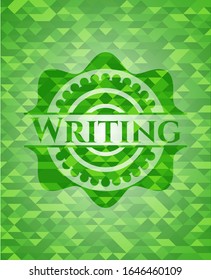 Writing green emblem with mosaic ecological style background. Vector Illustration. Detailed.