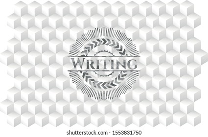 Writing grey emblem. Retro with geometric cube white background