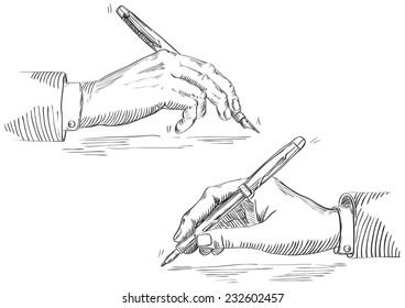 Writing hand of businessman . Vector of Hand Holding Pen at retro engraving style. 