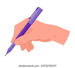 Writing hand. Cartoon human hand with ball pen, signing paper or filling documents. Writing hand flat vector illustration