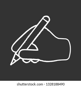 Writing hand chalk icon. Hand holding pen or pencil. Copywriting. Text editing. Isolated vector chalkboard illustration