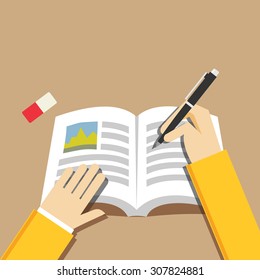 Writing hand concept. Writing or studying concept illustration. Flat design.