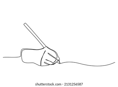 Writing hand continuous line drawing. Writing hand hold pen one line art vector image. Continuous line illustration of hand holding pen or pencil.
