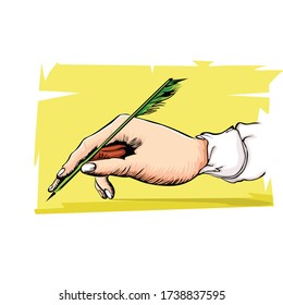 writing hand with a feather. vintage writing techniques concept 