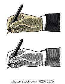 Writing hand with fountain pen on white background