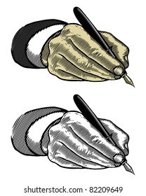 writing hand with fountain pen on white background