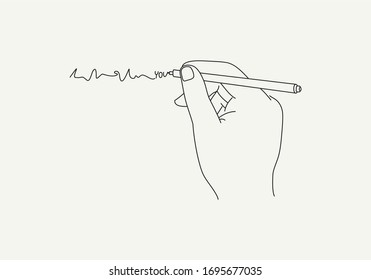 Writing Hand. Human Hand Holding Pen And Writing Curved Line With Lettering You. Outline Vector Illustration.