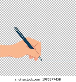 Writing hand illustration for write message. Handwriting recognition. Male hand holding marker. Lettering hand. Hand drawing line with pen. Vector illustration. Design on white background. EPS 10