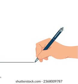 Writing hand illustration for write message. Handwriting recognition. Male hand holding marker. Lettering hand. Hand drawing line with pen. Vector illustration. Design on white background. EPS 10