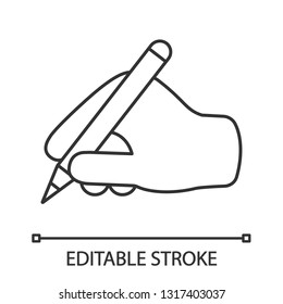 Writing Hand Linear Icon. Thin Line Illustration. Hand Holding Pen Or Pencil. Copywriting. Text Editing. Contour Symbol. Vector Isolated Outline Drawing. Editable Stroke