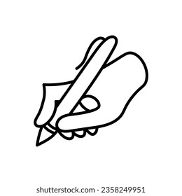 Writing hand with pen doodle. Handwriting symbol, sign. Hand drawn black line art. Vector illustration.