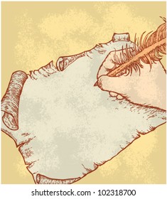 writing hand with pen feather at old roll. vector hand drawn