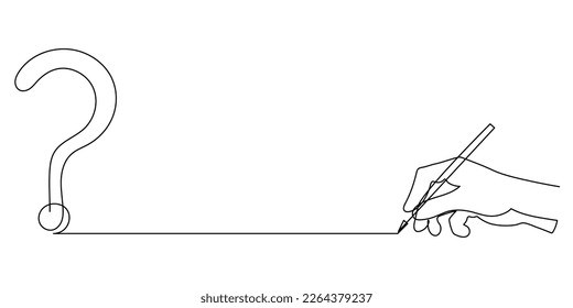 Writing hand with question mark,one line art,hand drawn asking sign continuous contour.Query FAQ concept,finding answer.Palm with fingers holding pen.Editable stroke.Isolated.Vector illustration