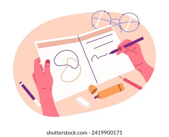 Writing hand taking notes. Human hands filling planner or drawing, paperwork concept flat vector illustration. Hand holding pen on white