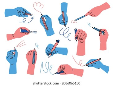 Writing hands. Colorful human hand hold pencil, pen and brush. Doodle drawing or sketching process, cartoon arms trendy colors, different fingers positions, vector isolated set
