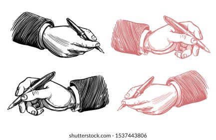Writing hands. Design set. Hand drawn engraving. Editable vector vintage illustration. Isolated on white background. 8 EPS 