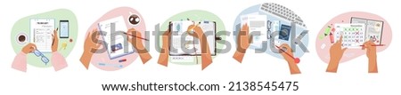 Writing hands set, flat vector isolated illustration. Female hands holding pens and pencils. People taking notes, writing diary, planning schedule, to do list, timetable.