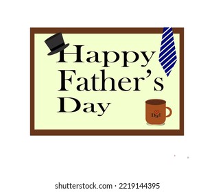 writing happy father's day sentences, with elements of hats, coffee cups, ties, white backgrounds