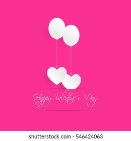 writing happy valentine's day and heart with balloon paper cut on pink background.