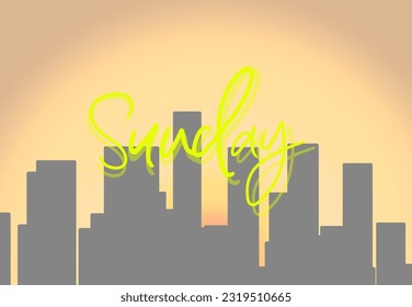 Writing Hari, Sunday, with a building silhouette and a colorful sky gradation background