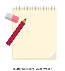 Writing hobby or skill, isolated notebook with binder, empty pages, pencil, and eraser. Making notes and composing letters or leaving memo. School or university supplies. Vector in flat style