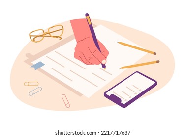 Writing human hand filling planner, taking notes or signing documents. Flat hand holding pen isolated flat symbols illustrations. Paperwork concept