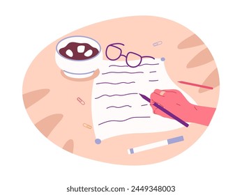 Writing human hand. Hand holding pen, person writing, filling diary or taking notes flat vector illustration. Cartoon female hand filling paper