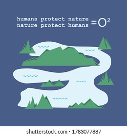 writing human quotes protect nature, nature protects humans. illustration of river and mountain stream vector. just right for a poster with a natural theme. against a dark blue background.