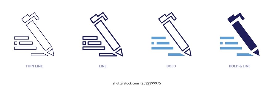 Icono de escritura en 4 estilos diferentes. Línea delgada, línea, negrita y línea negrita. Estilo duotono. Trazo editable.