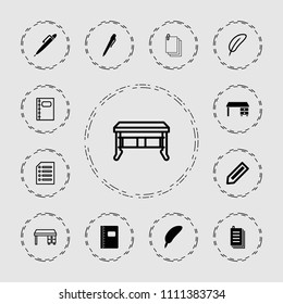 Writing icon. collection of 13 writing filled and outline icons such as pencil, office desk, feather, pen, paper. editable writing icons for web and mobile.