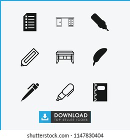 Writing icon. collection of 9 writing filled and outline icons such as feather, pen, notebook, pencil, office desk. editable writing icons for web and mobile.