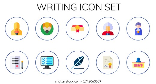 writing icon set. 10 flat writing icons.  Simple modern icons such as: news reporter, contract, compose, exam, diploma, write, judge, news reporters