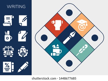 writing icon set. 13 filled writing icons.  Collection Of - Pen, Contract, Jury, Cervantes, Pencil case, Paper, Spell, Graduation, Feather pen