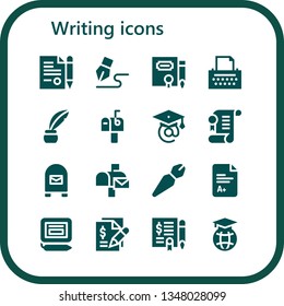 writing icon set. 16 filled writing icons.  Simple modern icons about  - Contract, Signature, Copywriter, Inkwell, Mailbox, Graduation, Agreement, Pen, Exam, Education