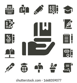 writing icon set. 17 filled writing icons.  Simple modern icons such as: Type, Contract, Education, Mailbox, Paper, Notepad, Feather, Pen, Agreement, Pencil case, Graduation, Spell