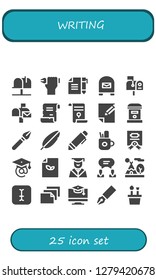  writing icon set. 25 filled writing icons. Simple modern icons about  - Mailbox, Pen, Contract, Spell, Agreement, Paper, Feather, Pencil case, Graduation, Tipi, Typing, Education