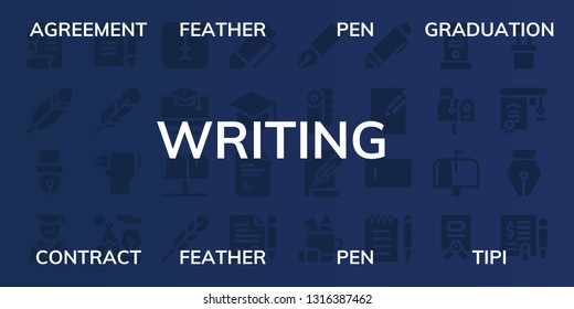 writing icon set. 32 filled writing icons. on blue background style Collection Of - Agreement, Feather, Pen, Graduation, Contract, Tipi, Typing, Education, Mailbox, Feather pen