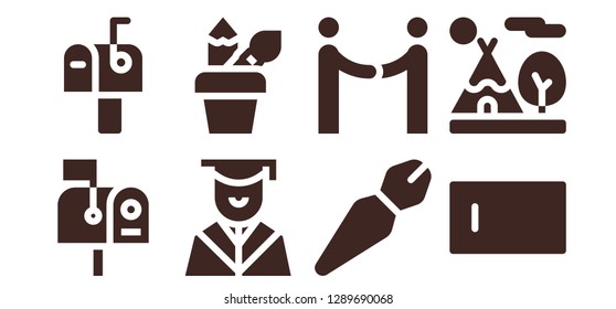  writing icon set. 8 filled writing icons. Simple modern icons about  - Mailbox, Graduation, Pencil case, Pen, Agreement, Type, Tipi