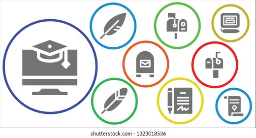 writing icon set. 9 filled writing icons.  Collection Of - Education, Feather, Mailbox, Contract, Signature, Agreement