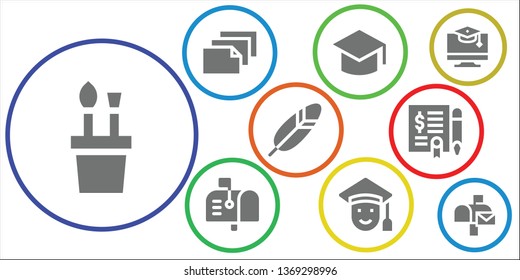 writing icon set. 9 filled writing icons.  Collection Of - Pencil case, Paper, Graduation, Mailbox, Graduated, Feather, Agreement, Education