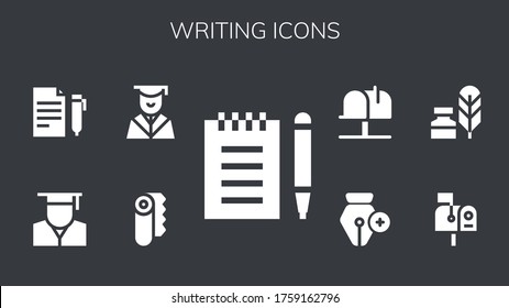 writing icon set. 9 filled writing icons.  Simple modern icons such as: Notepad, Paper, Graduation, Graduate, Contract, Mailbox, Writing tool, Pen
