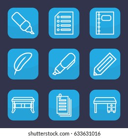 Writing icon. set of 9 outline writing icons such as pencil, office desk, paper, notebook, pen