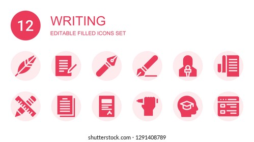 writing icon set. Collection of 12 filled writing icons included Feather, Contract, Pen, Signature, News reporter, Education, List